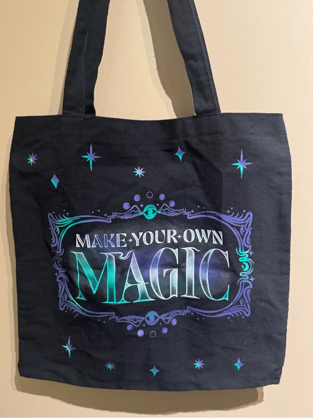Wicked "Make Your Own Magic" black canvas tote bag, EUC